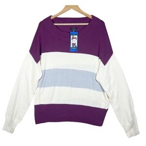 NWT Lucky Brand Womens Striped Boat Neck Long Sleeve Pullover Sweater Burgundy L
